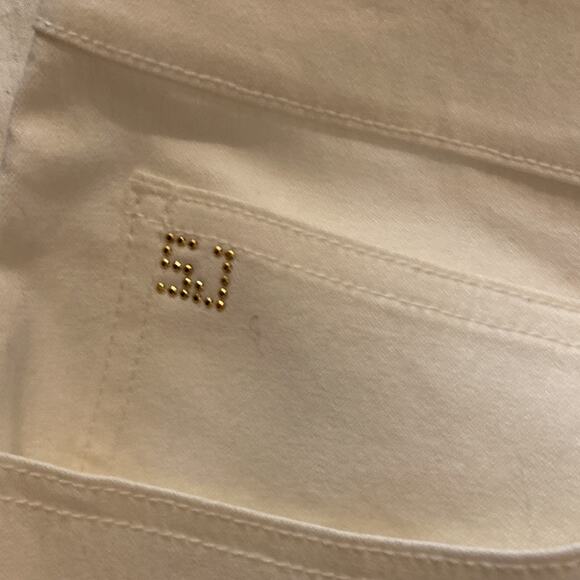 St. John Couture Women’s White Bootcut Jeans w/ Brown Lace Fringe Back Pockets - Picture 3 of 15